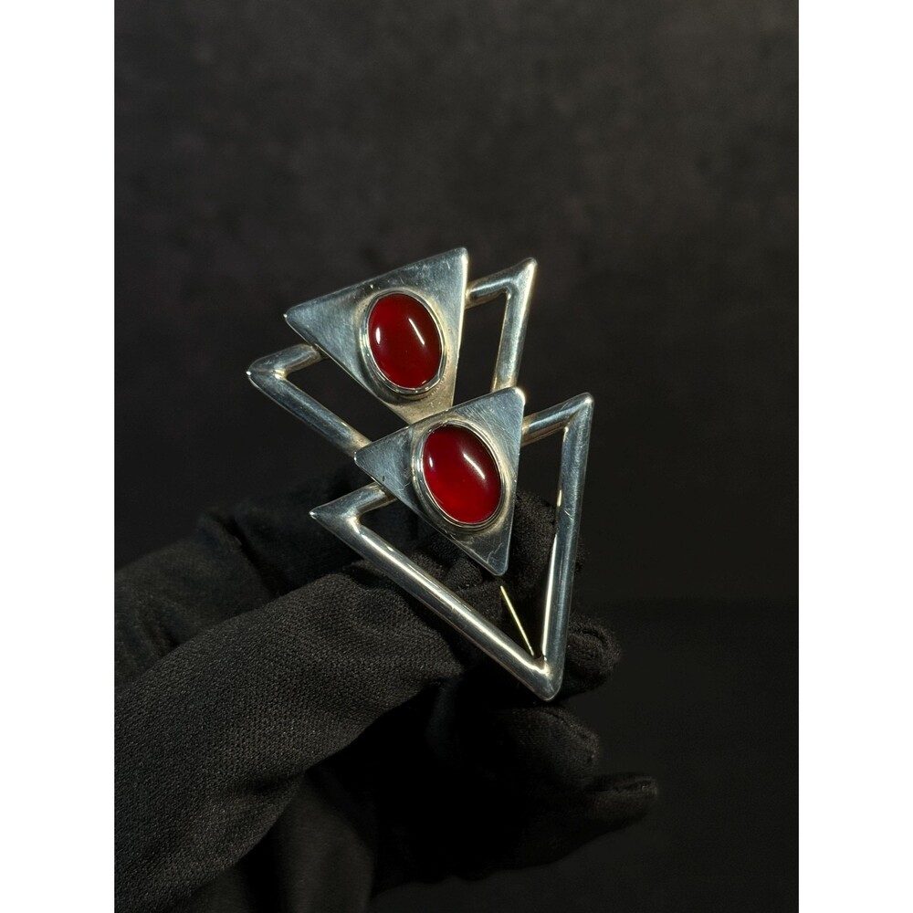 Vintage Sterling Silver Carnelian Geometric Brooch Modernist Triangle Mexico